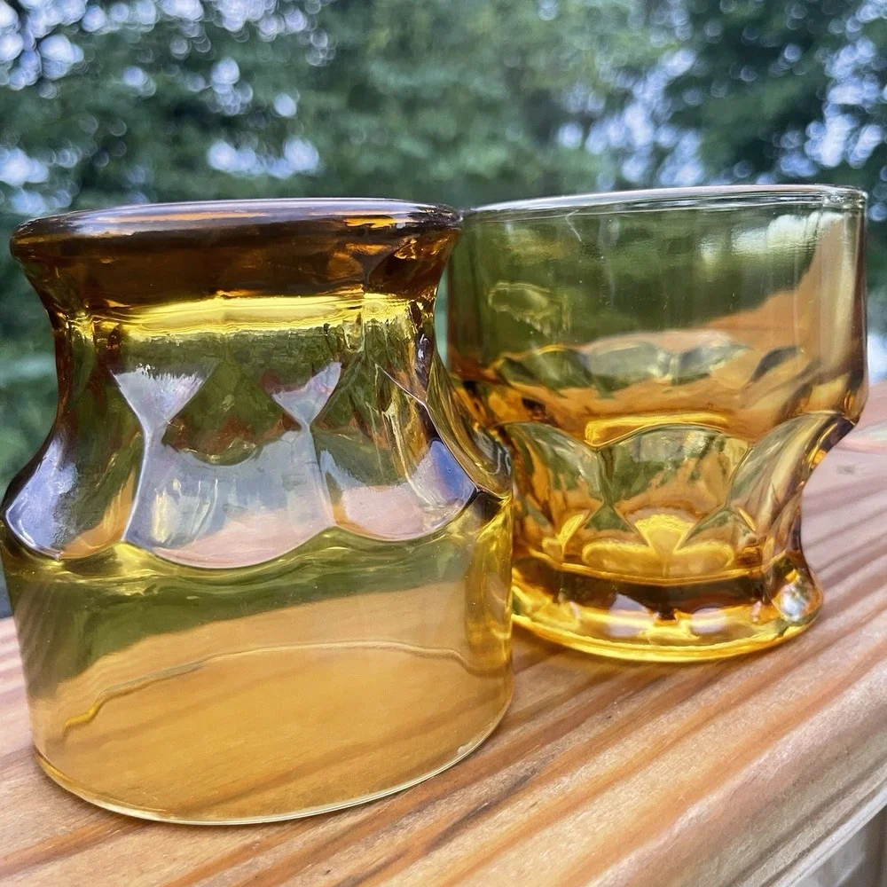 Vintage Georgian Amber Rocks Glasses Set 2 Lowball Tumblers Retro Barware